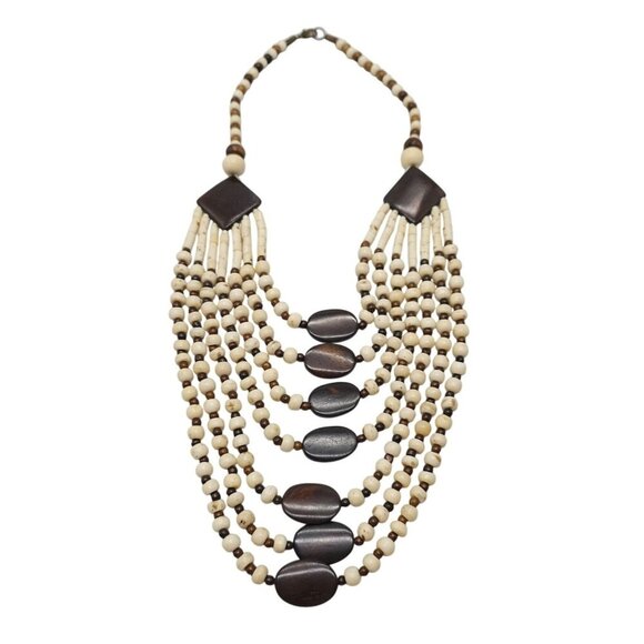 Handcrafted Multi-Strand Wooden Bone Beaded Necklace With Brown Cream Design - Picture 1 of 5
